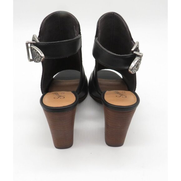 Seychelles Women's Black Leather Peep-Toe Heeled Sandals Silver Buckles 6 NEW - Picture 5 of 7